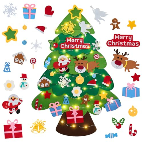 DazSpirit Albero di Natale in Feltro per Bambini da Parete con Luci LED, Kit Fai da Te con 27 Decorazioni in Feltro per Bambini, Albero di Natale Creativo per Adolescenti, Adatto a Porta e Parete