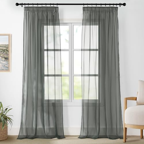 PONY DANCE Übergardinen Wohnzimmer Dunkelgraue Vorhänge Transparent | 2er Set, H245 x B140cm, Voile Gardinen Durchsichtig, mit Kräuselband für Schiene, für Schlafzimmer Kinderzimmer Esszimmer
