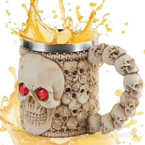 QIANAI Chope Bière Tête de Mort d'Halloween, Mug Halloween, Chope Boire Tête Mort en Acier Inoxydable 450 ml, Tasse Tête de Mort, Chope Vin Tête Mort Gothique, Cadeau d'Halloween, Accessoire Gothique