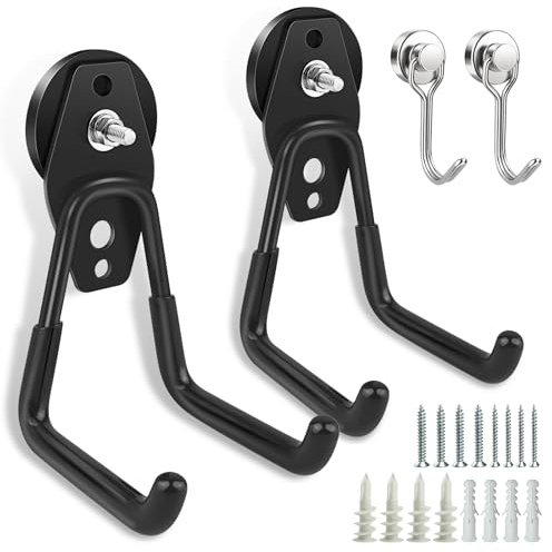GZcaiyun 2 Stk Magnetische Haken, Magnetische Garagenhaken, Magnethaken Doppelhaken, Magnetfuß und Schraubmontage für Garten, Garage, Werkzeugraum, mit 2 Kleiner Haken