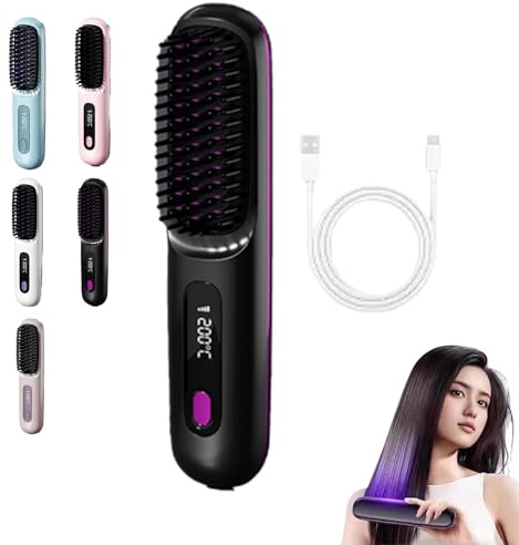 Cepillo de pelo calefactable USB - Estilizador con 3 ajustes de temperatura, pantalla LED, tecnología cerámica MCH for un peinado rápido y uniforme(Black)
