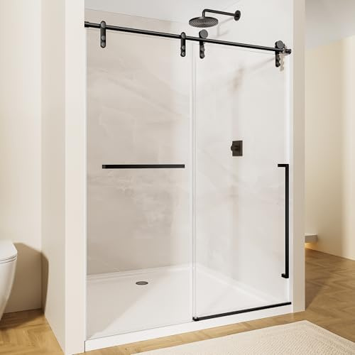 44-48 W x 76 H Glass Shower Door, Frameless Shower Door with 5/16 (8mm) Clear SGCC Tempered Glass, Explosion-Proof Film, Stainless Steel Hardware, Matte Black
