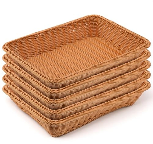 5 Pack 15.8 Inch Large Wicker Bread Baskets, Brown Woven Serving Basket Trays for Food, Bread, Fruits, Vegetables, Snacks - PVC Rattan Display for Restaurant & Home