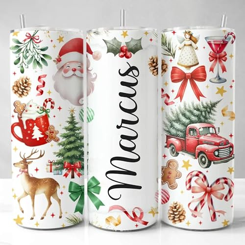EKAM Personalized Christmas Tumbler Wrap Design Add Your Own Name/Text 20oz Stainless Steel Tumbler Cup with Straw and Lid, Custom Gift for Christmas Day for Mum, Dad, Friends, Family