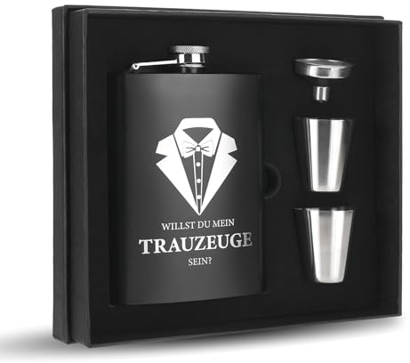 Flachmann mit Gravur „willst du mein trauzeuge sein“ – Trauzeuge fragen mann Geschenkset mit 8oz Edelstahl-Hipflask, 2 Bechern & Trichter in Geschenkbox | Trauzeugen geschenke mann zur Hochzeit