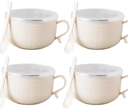 Generisch Set mit 4 Bechern (à 750 ml) mit Deckel, doppelwandige hitzebeständige Edelstahlschale, Becher mit Deckel, Suppentassen mit Henkeln und Deckeln, für Kaffee, Suppen, Eintöpfe (Weiß*4)