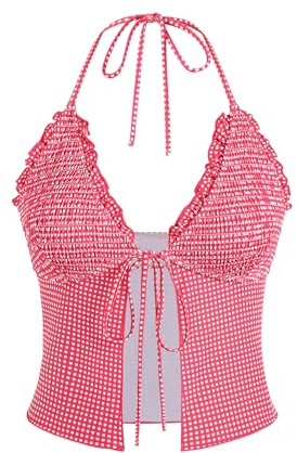 ZAFUL Tankini Tops for Women Smocked Ruffles Tie Front Bowknot Textured Tankini Top (2-Red, L)