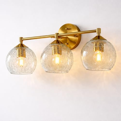 Tribesigns Moderne Wandleuchte Badezimmer Gold, 3-flammige Crackle Glas Kugel Wandlampe mit E27 Fassung, Waschtischlampe Spiegelleuchte für Flur Wohnzimmer, Inklusive Leuchtmittel, 43cm
