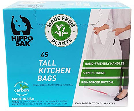 Hippo Sak – Lot de 45 sacs poubelles hauts avec poignées à base végétale, 50 litres