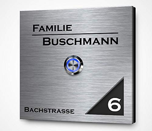 Designer Edelstahl Türklingel mit Gravur 12x12 cm freier Motivauswahl und LED Klingelknopf Klingelschild Edelstahl und Hochglanz Acrylglas Modell: Buschmann-A