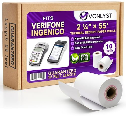 Verifone & Ingenico Thermal Paper Rolls 2 1/4 x 55' (10 Pack) BPA Free Receipt Paper for VX520 VX680 T650 V400m ICT220 ICT250 Desk 3500 Move 5000 Credit Card Machine