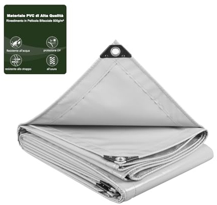 Laneetal Telo Idrorepellente Esterno 4x5m, Telone Occhiellato Idrorepellente Rinforzato PVC 500 g/m², Telo Protettivo Multiuso per Barche, Legno, Piscina, Mobili da giardino, Auto，Grigio