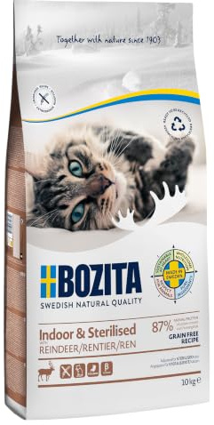BOZITA Inomhus och steriliserad spannmålsfri med ren – torrfoder för vuxna, huvudsakligen inomhuslevande katter, 10 kg