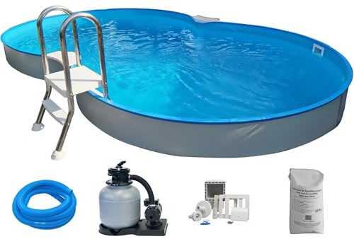Stahlwandpool Set achtform Cannes 625x360x150cm, Stahl 0,8mm weiß, Folie 0,6mm blau, Einhängebiese