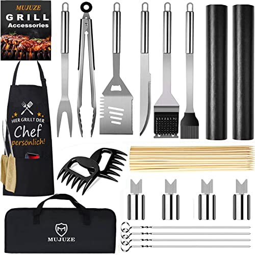 MUJUZE Kit Barbacoa,Regalo para Hombres Utensilios Barbacoa,21 Piezas Kit de Barbacoa Camping Profesionales de Acero Inoxidable,con Delantal para BBQ