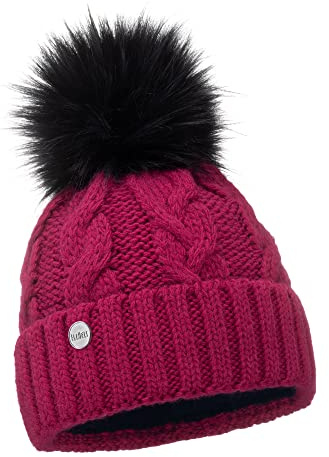 ELIMELI® Winter Mütze Damenmütze mit Fell-Bommel Fleece Innenfutter gefüttert - warme Damen Bommelmütze Strickmütze - Wintermütze mit Kunstfell Bommel - Slouch Strick Beanie Made in EU (Fuchsia)