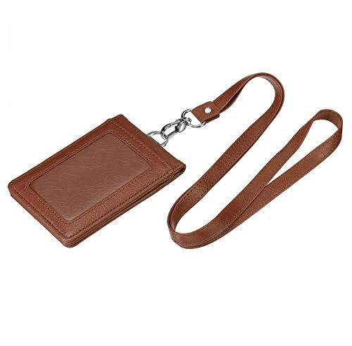 sourcing map ID Ausweishalter mit Einziehbarem Reel Lanyard PU Leder Magnetisch Kartenfächer Fenster für Büro Braun