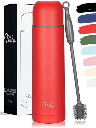 Milu Termosflaska, termosflaska, 1 l, 750 ml, 500 ml - isolerad drickflaska i rostfritt stål, 100 % läckagesäker, dubbelväggig (röd, 1 000 ml)