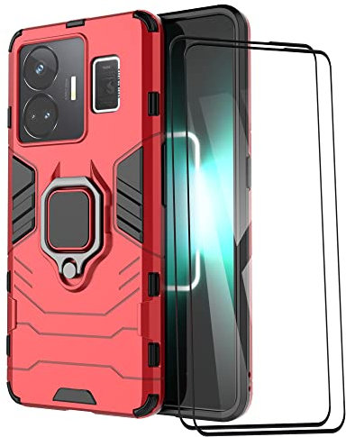 ESTH® Funda para Realme GT3/GT Neo 5 con 2 Piezas Protector de Pantalla, Giratorio Soporte de 360°, Compatible con Soporte Magnético para Coche, Carcasa Rojo