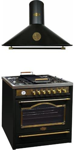 Kaiser Cuisinière Empire HGE 93555 Em+A 9423 BE ECO, Cuisinière électrique à gaz rétro 90 cm Range Coocker/Hotte aspirante 90 cm, 910 m³/h,Noir,Belle Époque avec éléments métalliques -Antique Or-