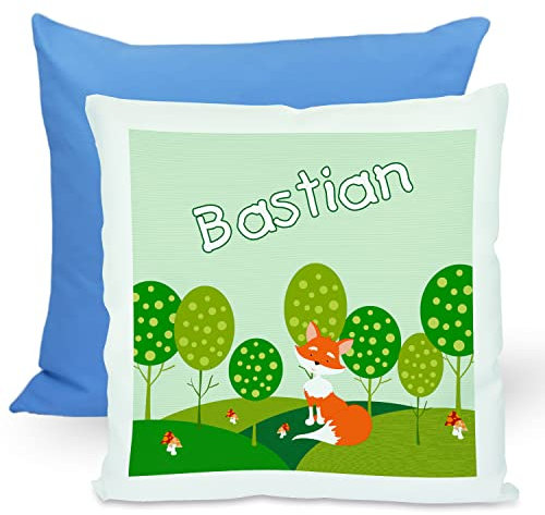 CreaDesign, Kinder Kissen 40x40 cm personalisiert mit Namen, Kinderzimmer Deko Kissen Kinder mit Füllung Federn, Motiv Fuchs, Rückenfarbe Blau