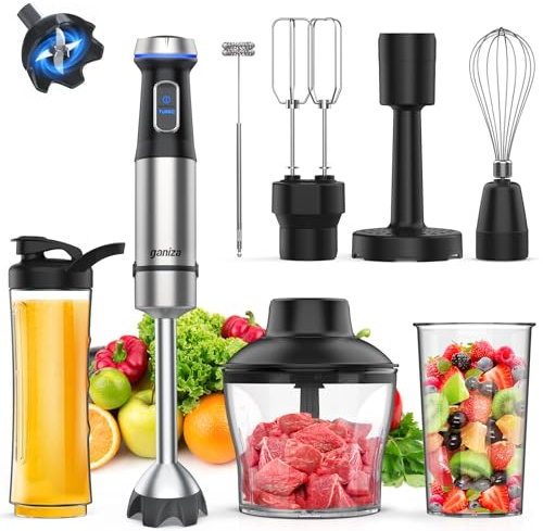 Ganiza Immersion Blender Handheld Corded 8 in 1 Hand Blender Max 1000W 16 Speed Mode Stick Emulsifier with 800ml Mixing Beaker, 600ml Chopper, Whisk, Frother, Potato Masher and Portable Bottle