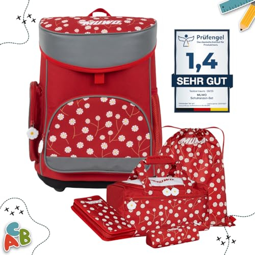 MUWO Kinder Schulranzen Set 5tlg. ergonomischer Leichter Schulrucksack mit Sporttasche, Turnbeutel, Federmappe, nur 920 Gramm (Blumen Design)