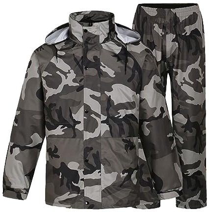 Set Regenjacke Herren Wasserdichter Atmungsaktiv Fahrrad Regenbekleidung Motorrad Regenmantel Camouflage Regenanzug Leicht Winddicht Funktionsjacke Outdoor Wanderjacke für Damen mit Kapuze (CE1, L)
