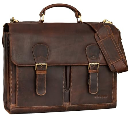 STILORD Ludger Leder Laptop Tasche 15,6 Zoll für Damen und Herren Ordnertasche Echtleder Businesstasche für Anwalt, Jurist, Büro oder als Lehrertasche Groß Farbe:Cognac - Dunkelbraun