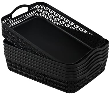 Nihenok Set of 6 Large Plastic Storage Basket Tray, Black Shallow Paper Basket with Handle