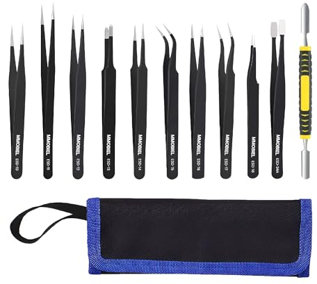 MMOBIEL 10x Industrial Precision ESD Tweezers Anti-Static Stainless Steel for Electronics Tools, Jewelry, Computer, Laboratory Work, Crafts and Hobbies etc. – Incl. Spatula and Case