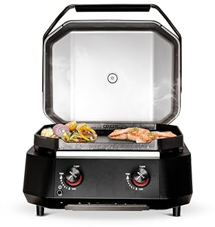 cozze - G-500 Plancha | Gasgrill mit Zwei U-Form Brennern | Automatischer Zündung und LED-Licht | 535x418 mm Grillfläche | Inkl. Regulator und 1.01M Schlauch | Schwarz/Rostfreier Stahl