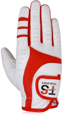 Tussan Sports Guantes de golf para hombre, duraderos, de cuero de primera calidad, para mano izquierda y derecha, para todo tipo de clima, antideslizantes, flexibles (edición roja, L, derecha)