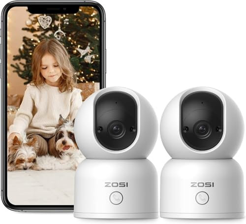 ZOSI 2x Telecamera Wi-Fi Interno, 3MP Videocamera Sorveglianza IP per Cani Gatti con Visione Notturna, Audio Bidirezionale, Rilevamento di Movimento