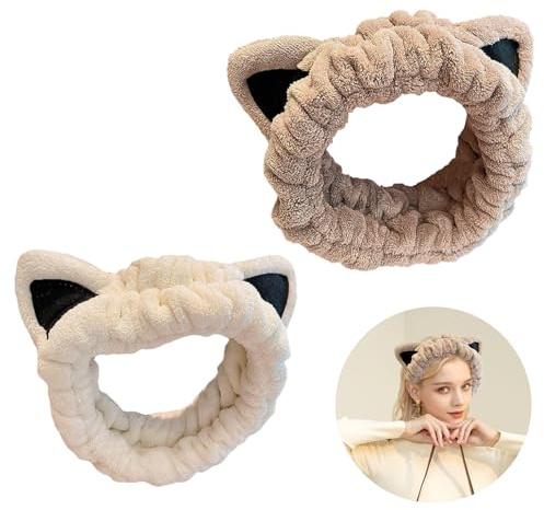 2 Stück Haarband Kosmetik Katzenohren Cartoon Coral Fleece Haarbänder Damen | Make Up Stirnband Skincare Abschmink Haarband für Mädchen Frauen Spa Dusche Hautpflege Sport(Weiß, Khaki)