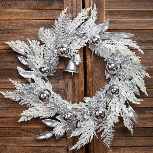 BINFEN 50,8 cm silberne Weihnachtskränze für Haustür, silberne Beerenblätter, Glocken, Kugeln, Weihnachtskranz mit weißem künstlichem Pampasgras, Türriff für Fenster, Kamine, Wände, Veranda, Innen-