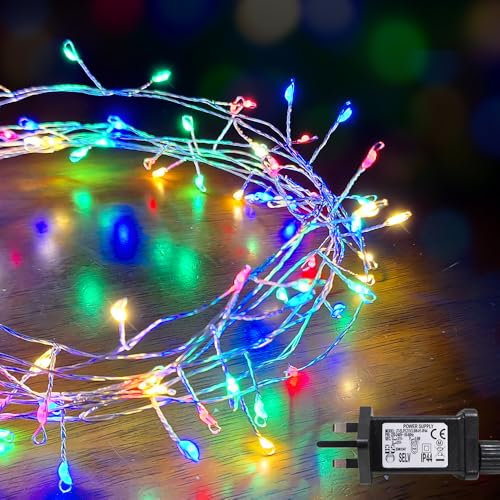 ANSIO® Christmas Lights 100 LED 4.5m Warm White Silver Wire Cluster Fairy Lights, Indoor Use Christmas Tree Lights for Christmas Decorations Garden & Party - Mains Powered