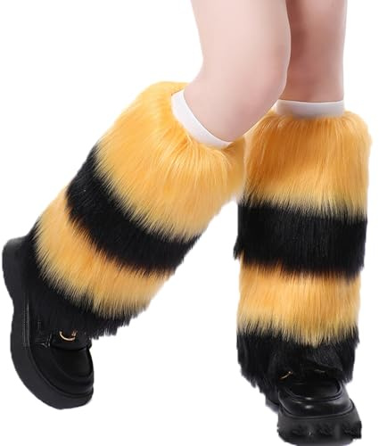 WERNZATT Damen-Beinstulpen aus Kunstfell, warm, für den Winter, Stiefelstulpen, Beinwärmer, Weihnachten, Halloween, Party, Kostümzubehör, Gelb/Schwarz, One size