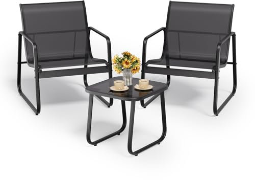 Bealife Conjunto de Jardín de 3 Piezas, 2 Sillones y Mesa con Cristal Templado, Muebles para Terraza, Balcón, Patio o Porche (Negro) (4) (Juego de 3)