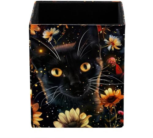 Stiftehalter mit Blumenstern, schwarze Katze, Schreibtischzubehör, Aufbewahrung von Schreibwaren und Zubehör, Bleistift-Organizer für Schreibtisch, Bleistiftbecher, Make-up-Pinselhalter für Büro,