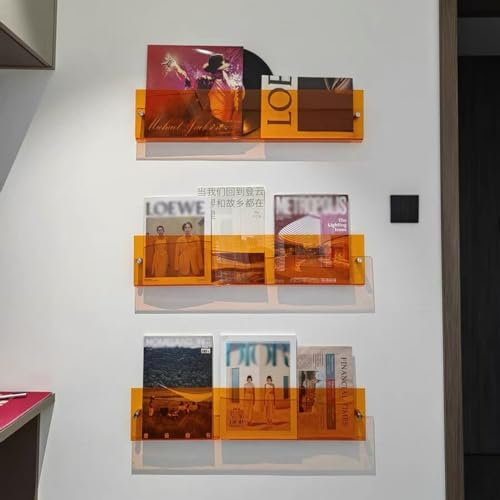 Zeitschriftenständer aus Acryl, Wandhalterung, Bücherregal, Aufbewahrung, Organizer, Zeitschriften- und Zeitungshalter für Zuhause, Büro, Wartezimmer, Orange, 3 Stück