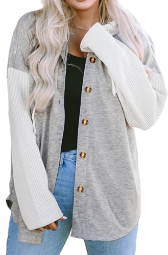OUSIMEN Abrigos para mujer, casual, con capucha, Shacket, chaqueta de manga larga, con botón, camisas, blusas, otoño, invierno, tops, gris y blanco., L