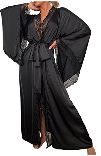 Robe de chambre longue élégante en satin pour femme, robe de chambre noire à nouer à la taille, vêtement de nuit kimono luxueux, peignoir en soie douce avec manches larges, peignoir de détente pour