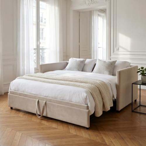 Ausziehbares Schlafcouch 90/180 x 200 cm, Polsterbett Samt mit Lattenrost, Tagesbett Multifunktionsbett Gästebett, Couch Bett 2 Sitzer für Wohnzimmer, Kinderzimmer, Schlafzimmer, Ohne Matratze (Beige)