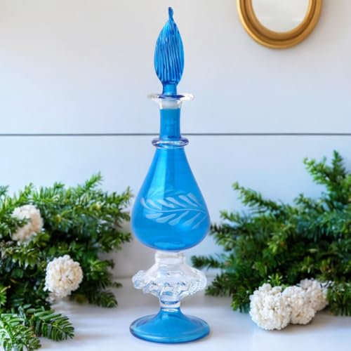 Ornamenta Hand-Blown Blue Glass Perfume Bottle with Leaf Etching and Ornate Base | Decorative Refillable Bottle for Fragrances, Essential Oils, Cologne | Handmade Art Glass Decanter for Gifts, Vanity