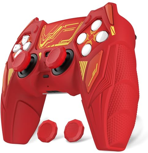 PlayVital Mecha Rhino Silikonhülle für PS5 Controller, Anti-Rutsch Case | Schutzhülle mit Thumbstick Kappen & Aufkleber, Ladestation kompatibel, Griffe Skin Zubehör, Ergonomische Griffe, Rot&Orange