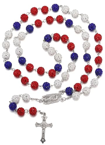 RWQIAN Rosenkranz Katholische Halsketten für Damen Herren, Bling Rosenkranz Perlen Kette mit Kreuz Anhänger, Erste Heilige Kommunion Taufe Geschenk Religiöse Gebetskette Schmuck für Mädchen Jungen