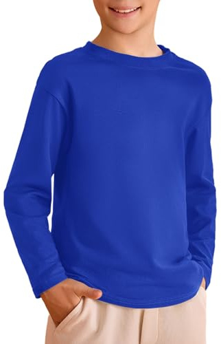 Haloumoning Pojkar t-shirt barn långärmad rund hals toppar enfärgad basic långärmad skjorta fritid sport t-shirts toppar, Safirblått, 9-10 år