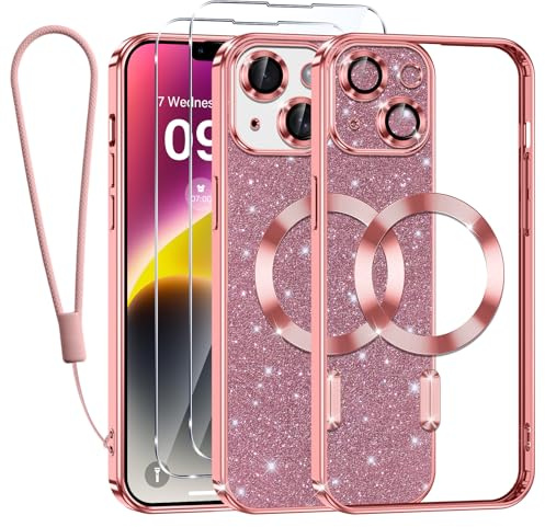 Tikfrlo Glitter Magnetica Cover per iPhone 14 con Cordino, Compatibile con MagSafe, Brillantini Sottile Silicone TPU Antiurto Custodia per iPhone 14 con 2 Vetro Temperato Bumper, Rosa