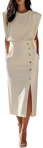 LIUYUYOUGO Vestito Donna Abito Midi Aderente da Donna Elegante Abiti Tubino Avvolgente con Scollo Rotondo E Bottoni Laterali Vestiti Lungo da Lavoro E da Ufficio con Tasche da Cerimonia Bianco S